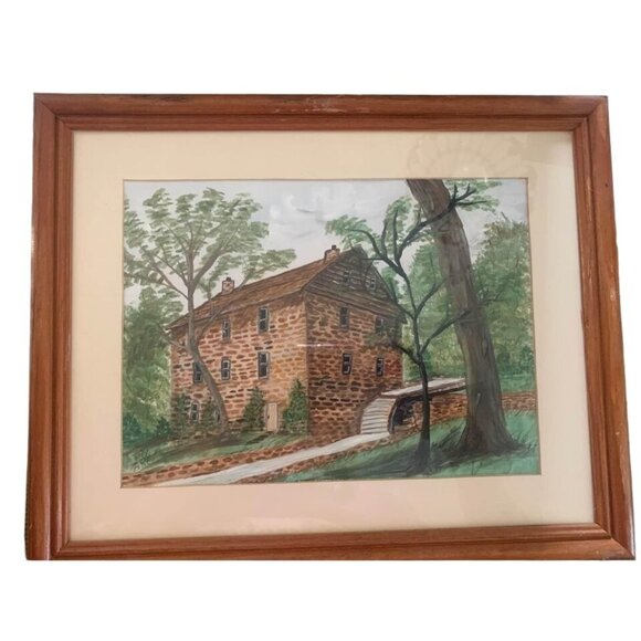 Watercolor Old Mill Framed Picture By Anna Ruth Enders 1999 12.5” X 15.5” - Picture 1 of 3